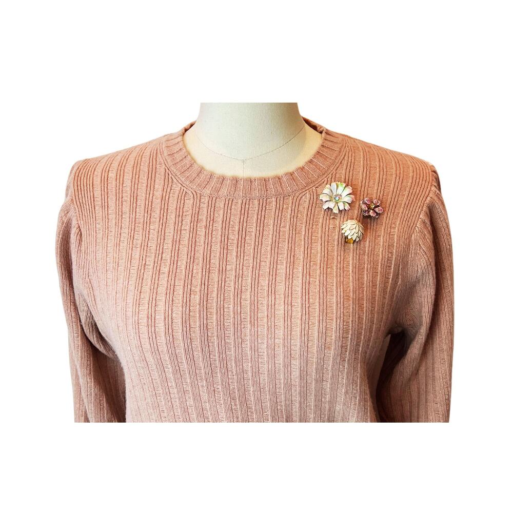Womens Upcycled SEE by Chloe Pink Sweater with Vintage Flower Pins, Crochet Trim
